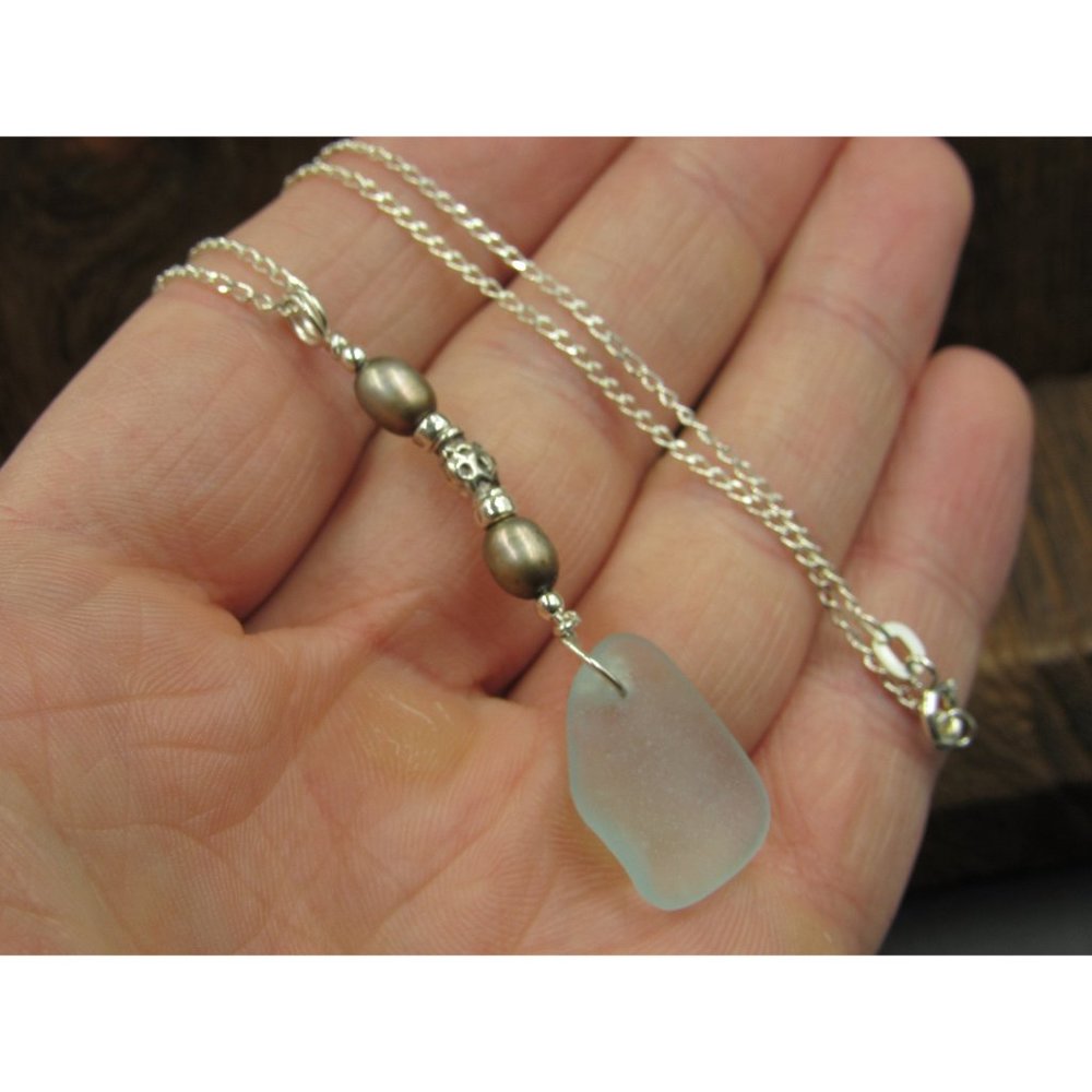 18 Inch Sterling Silver Sea Glass And Brown Real Pearls Necklace - Picture 3 of 6